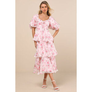 Lulus Romilly Light Pink Floral Tiered Midi Dress - Size S